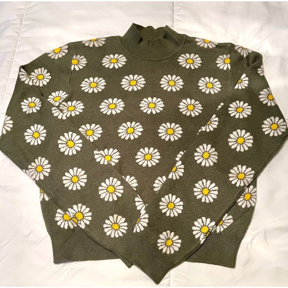 Ardene Women's Olive Green Daisy Floral Retro Cottagecore Mock Neck Sweater-M